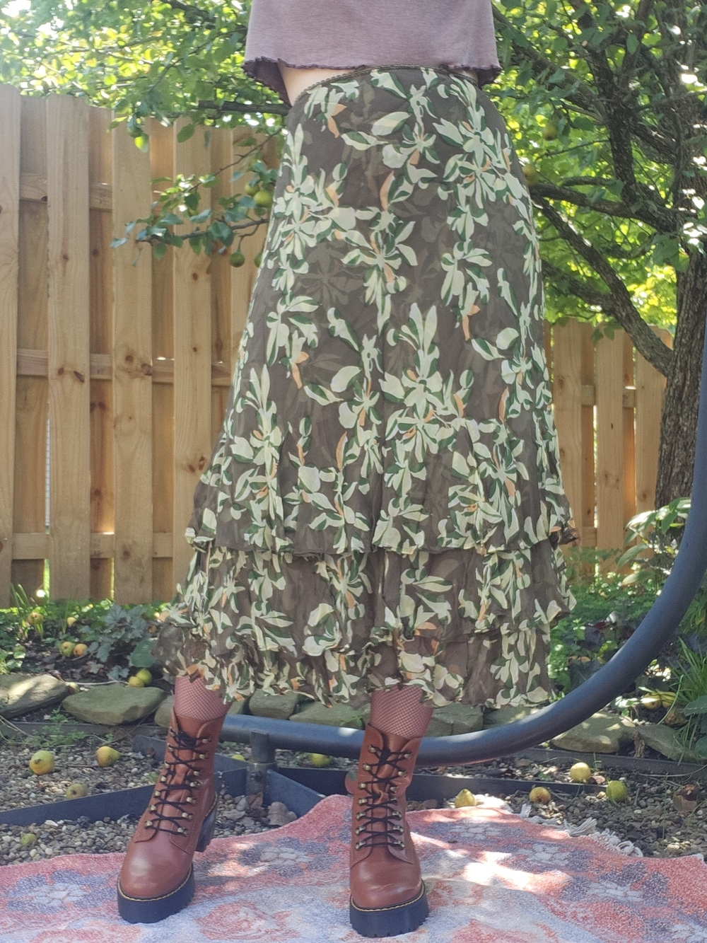 Alfani 100% Silk 18W Olive Floral Tiered Midi Skirt